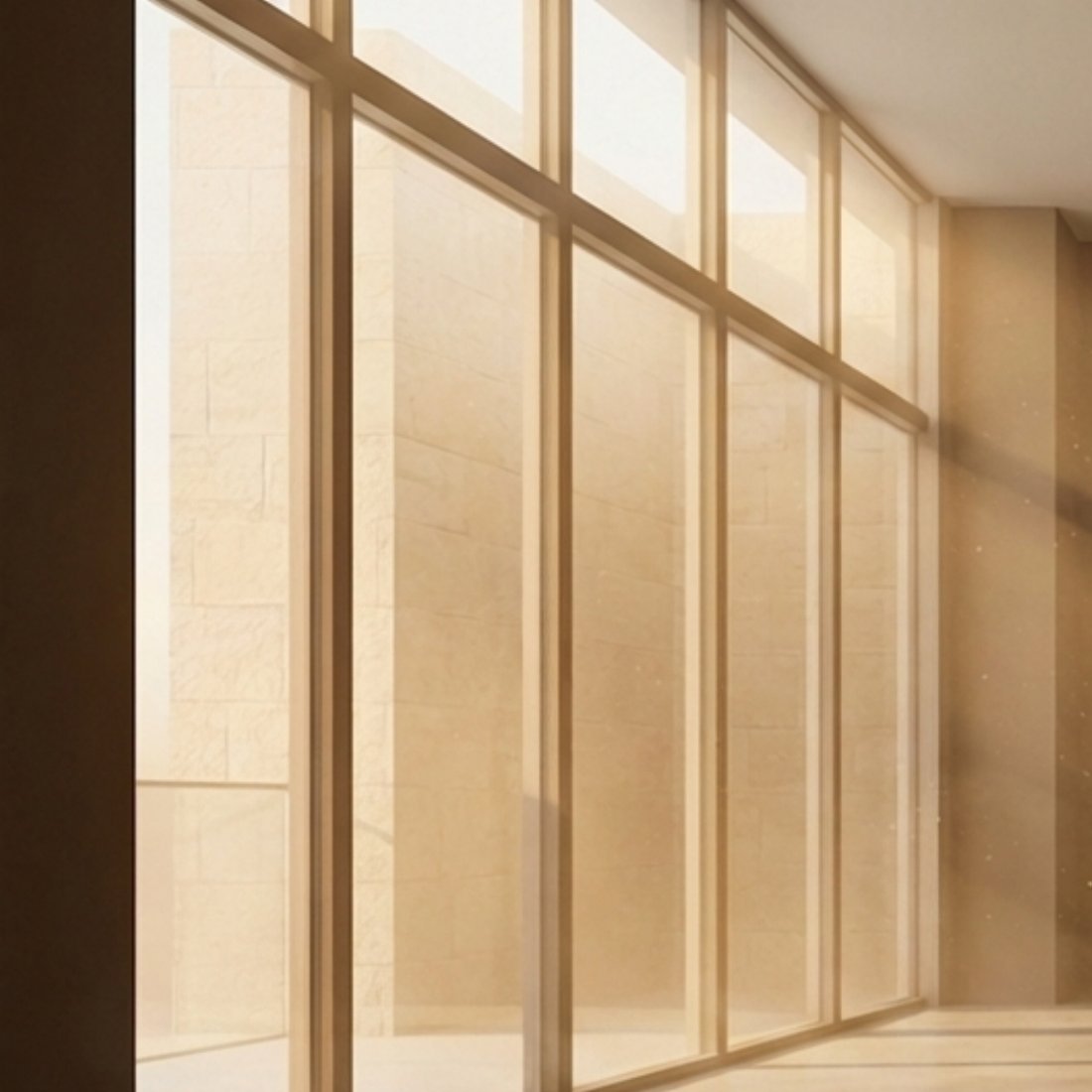 A warm, sunlit luxury interior with golden light streaming through tall windows