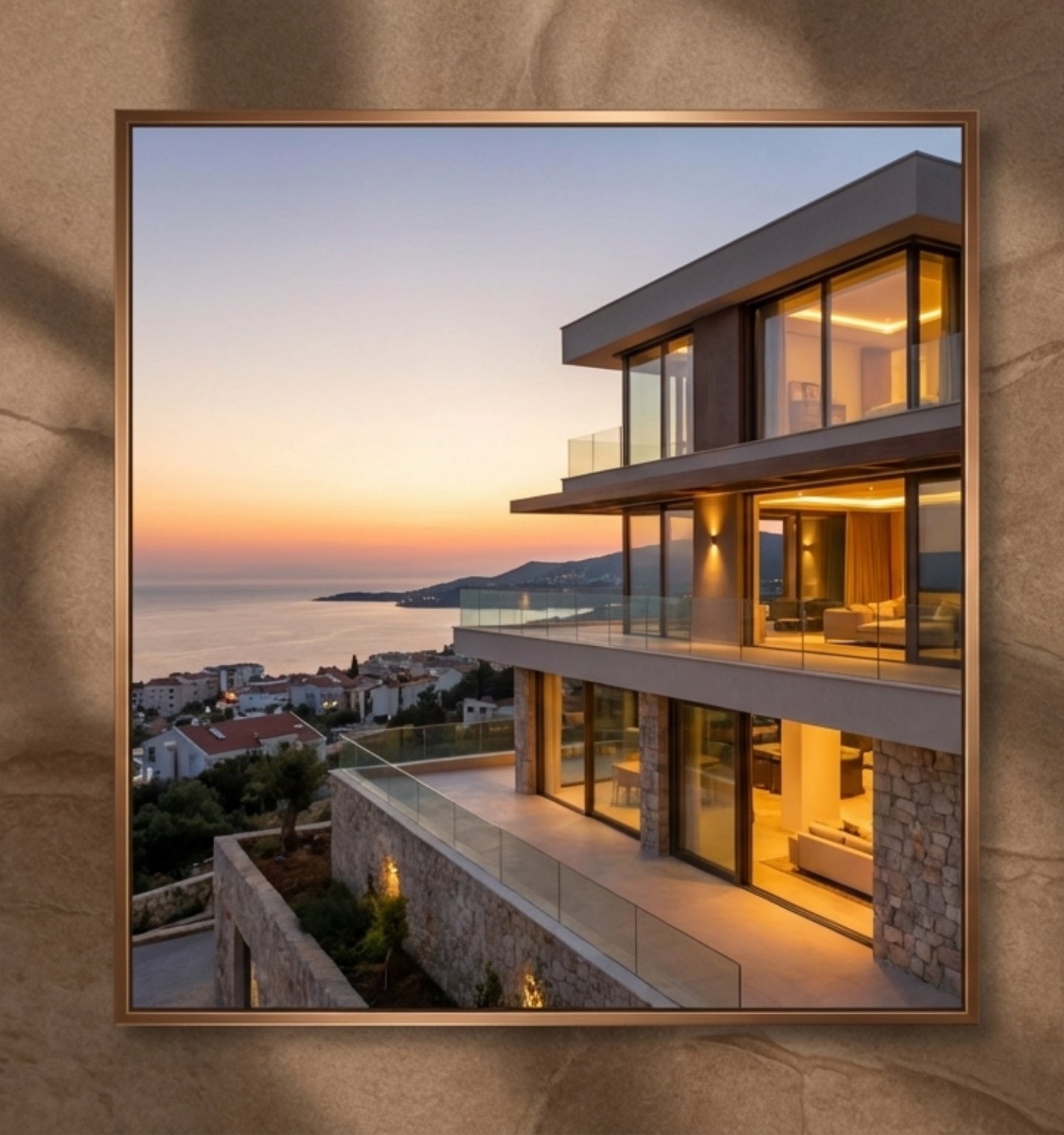 A modern luxury villa overlooking the Mediterranean at sunset
