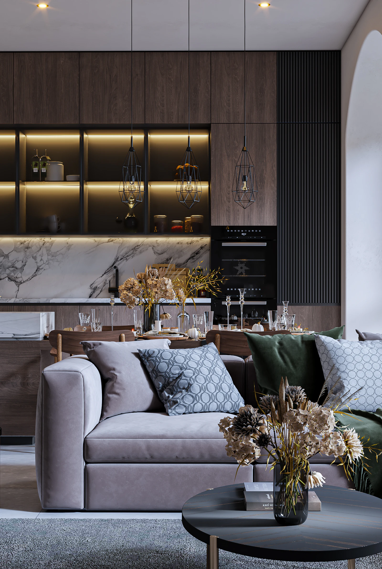 A luxury Tel Aviv apartment living room at golden hour