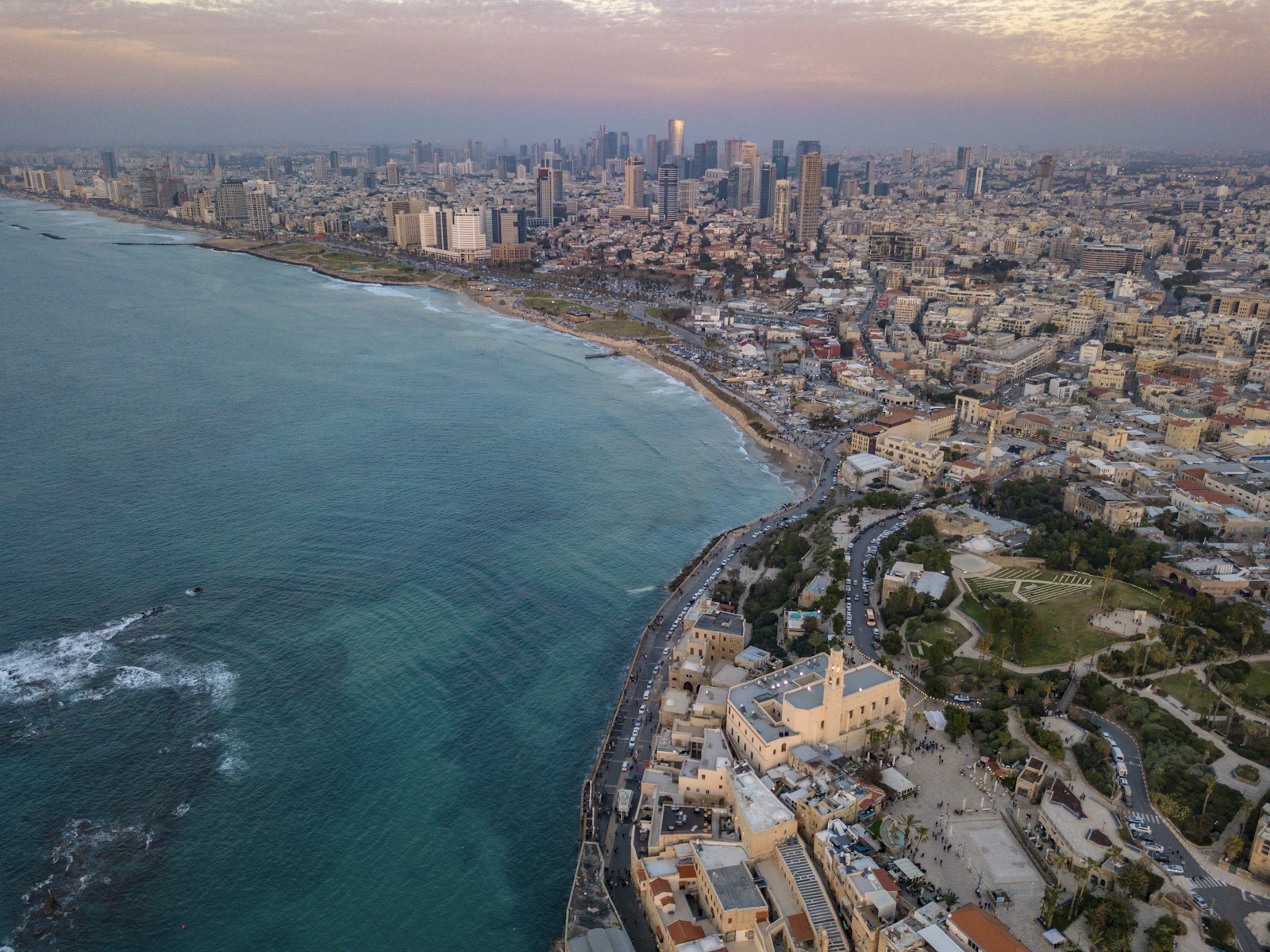 Tel Aviv and Jaffa coastline at sunset